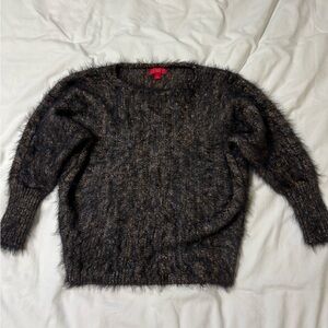 Jennifer Lopez Black and Brown Fuzzy Crewneck Sweater